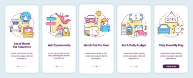 Seyahat tavsiyeleri mobil uygulama ekranında. Araba yolculuğu, doğrusal kavramlarla birlikte düzenlenebilir grafik talimatlarını 5 adımdan geçirin. UI, UX, GUI şablonu. Kullanılan sayısız Pro-Kalın, Düzenli yazı tipleri