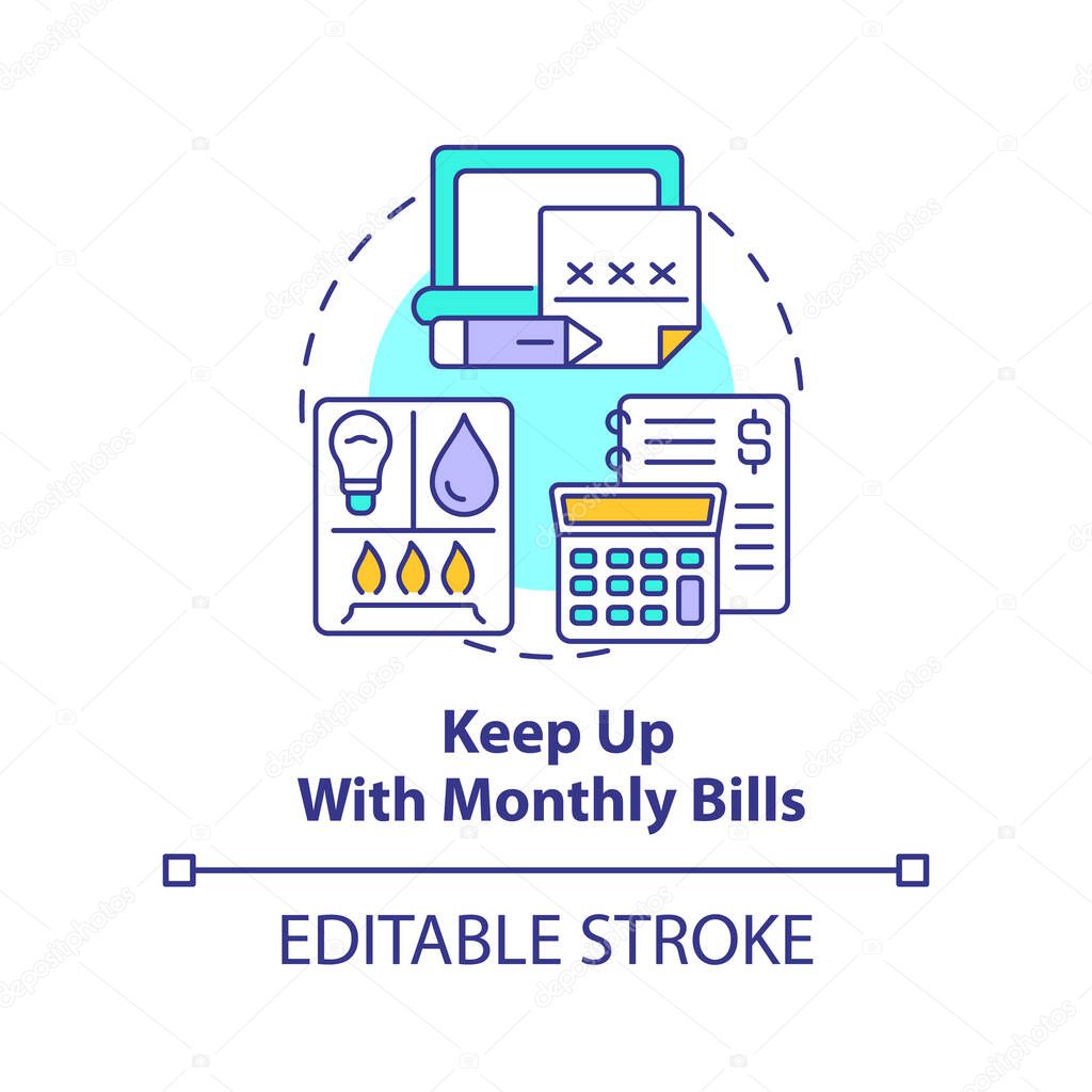 Keep up with monthly bills concept icon. Regular payments. Road trip tip abstract idea thin line illustration. Isolated outline drawing. Editable stroke. Arial, Myriad Pro-Bold fonts used