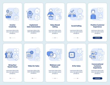 Mobil uygulama ekranında açık mavi satılıyor. Doğrusal kavramlarla düzenlenebilir grafik yönergelerini 5 adımda gezdir. UI, UX, GUI şablonu. Kullanılan sayısız Pro-Kalın, Düzenli yazı tipleri