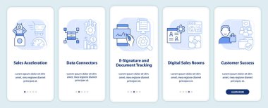 Satışlar araçları açık mavi seyyar uygulama ekranında. Pazarlama 5 adım düzenlenebilir grafik talimatları doğrusal kavramlarla birlikte. UI, UX, GUI şablonu. Kullanılan sayısız Pro-Kalın, Düzenli yazı tipleri