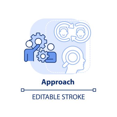 Açık mavi konsept simgesine yaklaş. Satış süreci soyut fikir ince çizgi çizimi. Ürün satma konusunda satıcı tavrı. İzole bir taslak çizim. Düzenlenebilir felç. Arial, Myriad Pro-Kalın yazı tipleri