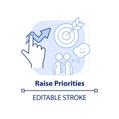 Öncelikleri yükselt, açık mavi konsept simgesi. İletişim kısmı soyut fikir ince çizgi çizimi. Verimliliği arttır. İzole bir taslak çizim. Düzenlenebilir felç. Arial, Myriad Pro-Kalın yazı tipleri