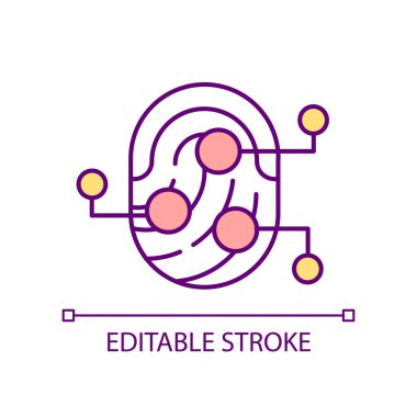 Parmak izi taraması RGB renk simgesi. Kalıp analizi. Eşsiz biyolojik özellikler. Biyometrik veri. İzole vektör çizimi. Basit bir çizgi çizimi. Düzenlenebilir felç. Kullanılan Arial yazı tipi