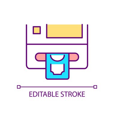 ATM makinesi RGB renk simgesi. Nakit çekiyorum. Para transferi servisi. Banka hesabından para çekiyordum. İzole vektör çizimi. Basit bir çizgi çizimi. Düzenlenebilir felç. Kullanılan Arial yazı tipi