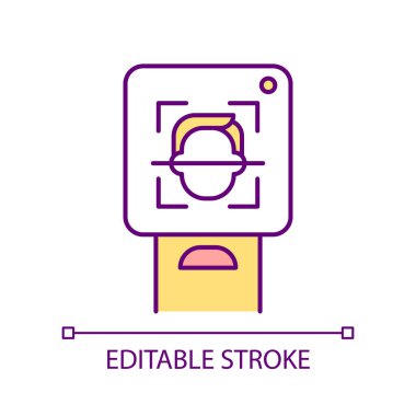 Yüz tanıma RGB renk simgesi. Biyometrik tanımlama cihazı. Bilgisayar algoritmaları. İnsan yüzü analizi. İzole vektör çizimi. Basit bir çizgi çizimi. Düzenlenebilir felç. Kullanılan Arial yazı tipi