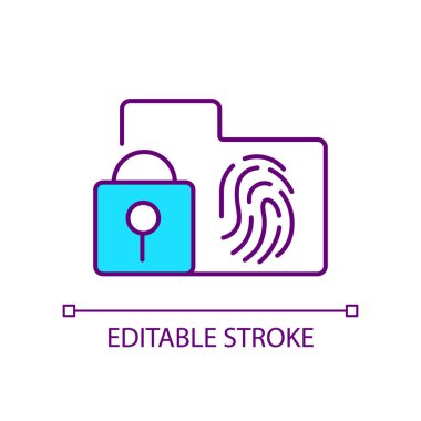 Biyometrik veri güvenliği RGB renk simgesi. Hackleme karşıtı yazılım. Biyometrik veritabanı koruması. İzole vektör çizimi. Basit bir çizgi çizimi. Düzenlenebilir felç. Kullanılan Arial yazı tipi