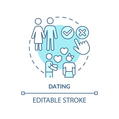 Turkuaz konsept ikonu randevusu. Gençlerin soyut fikirleri üzerindeki baskı ince çizgi çizimi. Romantik bir ilişki. İzole bir taslak çizim. Düzenlenebilir felç. Arial, Myriad Pro-Kalın yazı tipleri