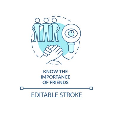 Arkadaşlar turkuaz konsept ikonunun önemini bil. Gençlerin soyut fikirleriyle uğraşmak ince çizgi çizimi. İzole bir taslak çizim. Düzenlenebilir felç. Arial, Myriad Pro-Kalın yazı tipleri