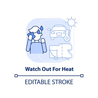 Isı açık mavi konsept ikonuna dikkat edin. Araba için güneş kremi kullan. Yol tavsiyesi soyut fikir ince çizgi çizimi. İzole bir taslak çizim. Düzenlenebilir felç. Arial, Myriad Pro-Kalın yazı tipleri