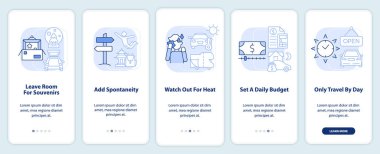 Yol gezisi önerileri seyyar uygulama ekranında açık mavi. Araba yolculuğu, doğrusal kavramlarla birlikte düzenlenebilir grafik talimatlarını 5 adımdan geçirin. UI, UX, GUI şablonu. Kullanılan sayısız Pro-Kalın, Düzenli yazı tipleri