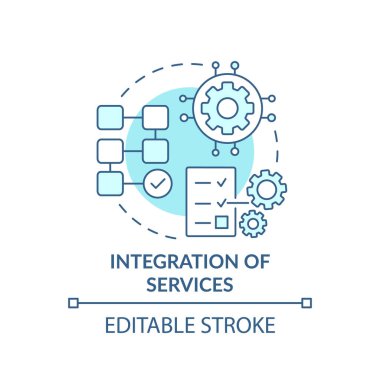 Servis entegrasyonu turkuaz konsept simgesi. Karmaşık sistem. Maas bileşeni soyut fikir ince çizgi çizimi. İzole bir taslak çizim. Düzenlenebilir felç. Arial, Myriad Pro-Kalın yazı tipleri