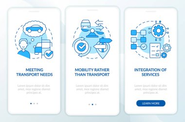 MaaS konsept bileşenleri mavi mobil uygulama ekranında. Doğrusal kavramlarla birlikte 3 basamaklı düzenlenebilir grafik talimatları aktarın. UI, UX, GUI şablonu. Kullanılan sayısız Pro-Kalın, Düzenli yazı tipleri