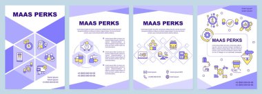 MaaS mor broşür şablonunu destekliyor. Kullanıcılar için avantajlar. Çizgisel simgeli broşür tasarımı. Sunum için düzenlenebilir 4 vektör düzeni, yıllık raporlar. Arial-Black, Kullanılan Myriad Pro-Normal yazı tipleri