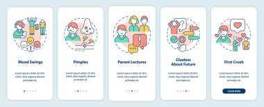 Mobil uygulama ekranında gençlik sorunları. Ruh hali değişiklikleri, sivilceler 5 adım boyunca yürür doğrusal kavramlarla düzenlenebilir grafik talimatlar. UI, UX, GUI şablonu. Kullanılan sayısız Pro-Kalın, Düzenli yazı tipleri