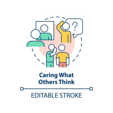 Başkalarının konsept ikonu olarak düşündüklerini önemsemek. Duygusal meydan okuma soyut fikir ince çizgi çizimi. Onay arayan davranış. İzole bir taslak çizim. Düzenlenebilir felç. Arial, Myriad Pro-Kalın yazı tipleri