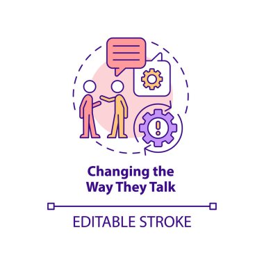 Fikir simgesini konuşma şekillerini değiştiriyorlar. Genç arkadaş baskısı soyut fikir ince çizgi çizimi. Sosyal davranış. İzole bir taslak çizim. Düzenlenebilir felç. Arial, Myriad Pro-Kalın yazı tipleri