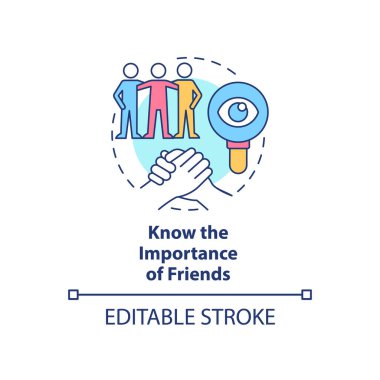 Arkadaş konsepti ikonunun önemini bil. Gençlerin soyut fikirleriyle uğraşmak ince çizgi çizimi. Gençlerin arkadaşlığı. İzole bir taslak çizim. Düzenlenebilir felç. Arial, Myriad Pro-Kalın yazı tipleri
