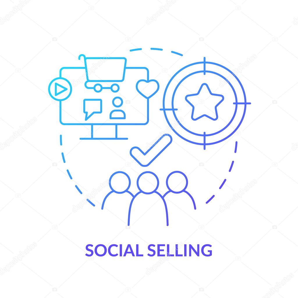 Social selling blue gradient concept icon. Sales trend abstract idea thin line illustration. Target customers on social media platforms. Isolated outline drawing. Myriad Pro-Bold font used