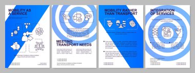 MaaS konsepti mavi broşür bileşenleri. Kullanıcı servisi. Çizgisel simgeli broşür tasarımı. Sunum için düzenlenebilir 4 vektör düzeni, yıllık raporlar. Arial, Myriad Pro-Normal yazı tipleri kullanıldı