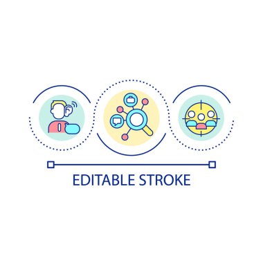 Hedef izleyici analiz döngüsü konsepti ikonu. Müşteri tercihlerini öğrenmek soyut fikir ince çizgi çizimi. Tüketici seçimlerini araştır. İzole bir taslak çizim. Düzenlenebilir felç. Kullanılan Arial yazı tipi