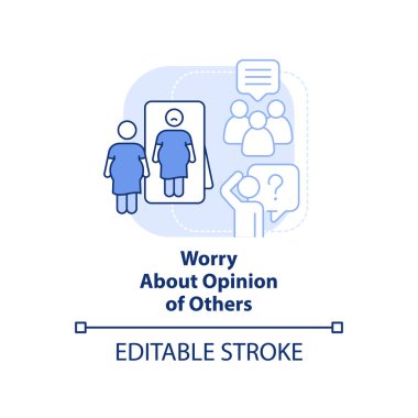 Başkalarının görüşleri hakkında endişelen, açık mavi kavram ikonu. Vücut görüntüsü sorunu olan genç soyut fikir ince çizgi çizimi. İzole bir taslak çizim. Düzenlenebilir felç. Arial, Myriad Pro-Kalın yazı tipleri