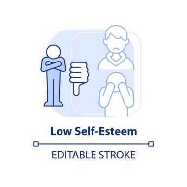 Düşük özsaygı, açık mavi konsept ikonu. Gençlerdeki vücut görüntüsü algısı soyut fikir ince çizgi çizimi. İzole bir taslak çizim. Düzenlenebilir felç. Arial, Myriad Pro-Kalın yazı tipleri