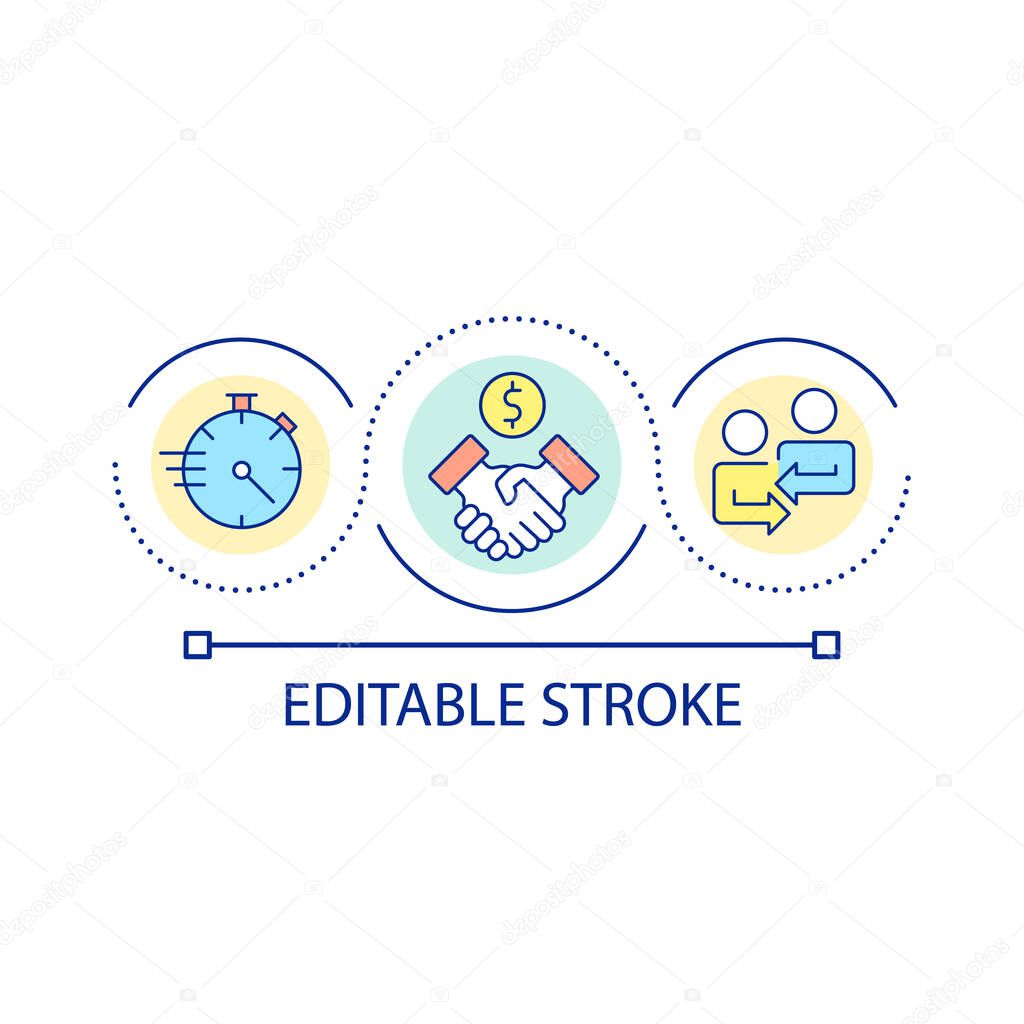 Fast contract closing loop concept icon. Quick agreement signing abstract idea thin line illustration. Contract lifecycle management. Isolated outline drawing. Editable stroke. Arial font used