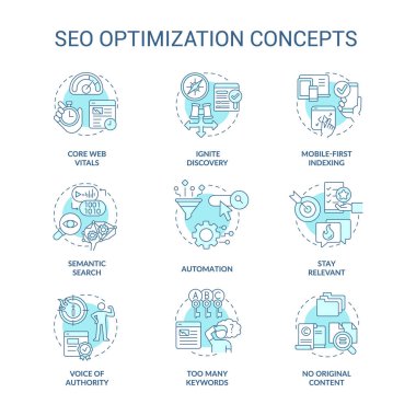 SEO optimizasyon turkuaz konsept simgeleri ayarlandı. İnternet pazarlaması. İnternet sitesi tanıtım fikri ince çizgi renk çizimleri. İzole semboller. Düzenlenebilir felç. Kullanılan Roboto-Orta, Myriad Pro-Kalın yazı tipleri