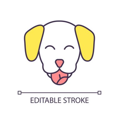 Mutlu köpek RGB renk simgesi. Evcil hayvan. Sevimli evcil hayvan ve arkadaş. Sevimli ve sevimli bir yaratık. İzole vektör çizimi. Basit bir çizgi çizimi. Düzenlenebilir felç. Kullanılan Arial yazı tipi