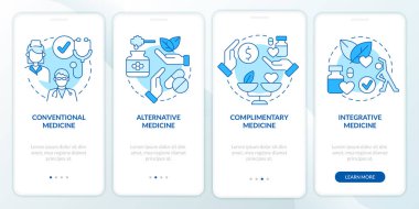 Mobil uygulama ekranında sağlık hizmetleri mavi renge yaklaşıyor. Doğrusal kavramlarla düzenlenebilir grafik yönergelerini dört adımda gözden geçir. UI, UX, GUI şablonu. Kullanılan sayısız Pro-Kalın, Düzenli yazı tipleri