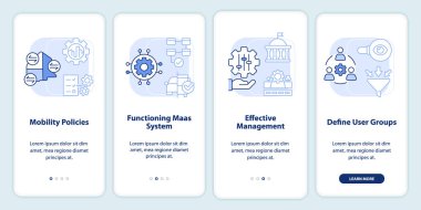 MaaS giriş bileşenleri açık mavi mobil uygulama ekranında. Doğrusal kavramlarla düzenlenebilir grafik yönergelerini dört adımda gözden geçir. UI, UX, GUI şablonu. Kullanılan sayısız Pro-Kalın, Düzenli yazı tipleri