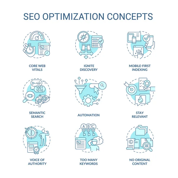 Seo Optimisation Turquoise Concept Icônes Ensemble Marketing Internet Idée Promotion — Image vectorielle