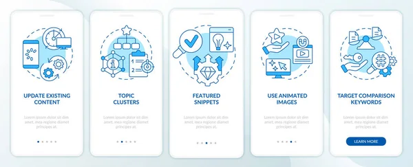 Pokročilé Seo Techniky Modrá Onboarding Mobilní Aplikace Obrazovce Procházka Kroků — Stockový vektor