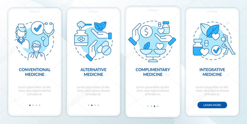 Types of healthcare approaches blue onboarding mobile app screen. Walkthrough 4 steps editable graphic instructions with linear concepts. UI, UX, GUI template. Myriad Pro-Bold, Regular fonts used