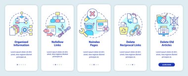 Mobil uygulama ekranında arama motoru optimizasyon ilkeleri. Doğrusal kavramlarla düzenlenebilir grafik yönergelerini 5 adımda gezdir. UI, UX, GUI şablonu. Kullanılan sayısız Pro-Kalın, Düzenli yazı tipleri