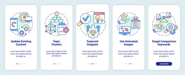 Mobil uygulama ekranında gelişmiş SEO teknikleri. Doğrusal kavramlarla düzenlenebilir grafik yönergelerini 5 adımda gezdir. UI, UX, GUI şablonu. Kullanılan sayısız Pro-Kalın, Düzenli yazı tipleri