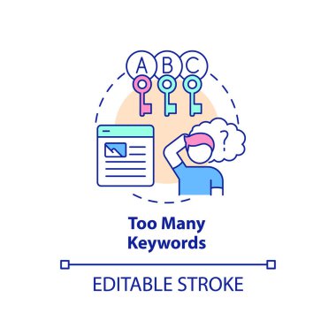 Çok fazla anahtar kelime konsept simgesi var. Arama motoru optimizasyon hatası soyut fikir ince çizgi çizimi. İzole bir taslak çizim. Düzenlenebilir felç. Arial, Myriad Pro-Kalın yazı tipleri