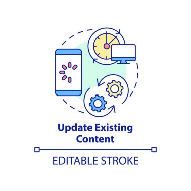 Mevcut içerik konsept simgesini güncelle. Bilgileri güncelle. Gelişmiş SEO tekniği soyut fikir ince çizgi çizimi. İzole bir taslak çizim. Düzenlenebilir felç. Arial, Myriad Pro-Kalın yazı tipleri