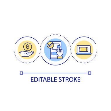 Rezervasyon ve ödeme hizmetleri döngü ikonu. Entegre sistem. Aygıt uygulaması soyut fikir ince çizgi çizimi. İzole bir taslak çizim. Düzenlenebilir felç. Kullanılan Arial yazı tipi
