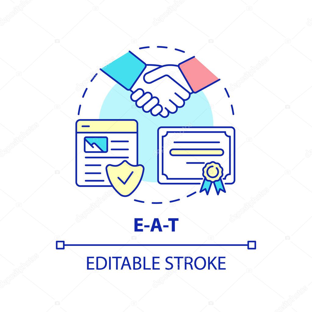 EAT concept icon. Expertise, authority and trust. Search engine optimization abstract idea thin line illustration. Isolated outline drawing. Editable stroke. Arial, Myriad Pro-Bold fonts used