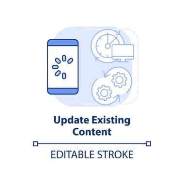 Mevcut içerik açık mavi konsept simgesini güncelle. Gelişmiş SEO tekniği soyut fikir ince çizgi çizimi. İzole bir taslak çizim. Düzenlenebilir felç. Arial, Myriad Pro-Kalın yazı tipleri
