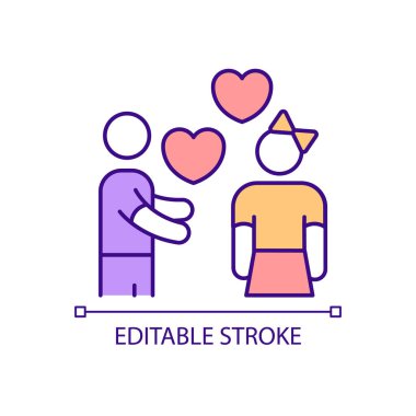 RGB renk simgesinde sevgi gösteriliyor. Genç kız arkadaş ve erkek arkadaş. Gençlerin ilk aşkı. İzole vektör çizimi. Basit bir çizgi çizimi. Düzenlenebilir felç. Kullanılan Arial yazı tipi