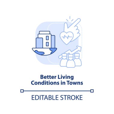 Şehirlerde daha iyi yaşam koşulları mavi konsept simgesini aydınlatır. Sağlık hizmetleri erişimini geliştirmek soyut fikir ince çizgili illüstrasyon. İzole bir taslak çizim. Düzenlenebilir felç. Arial, Myriad Pro-Kalın yazı tipleri