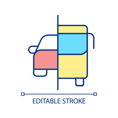 Toplu taşıma RGB renk simgesi. Şehir altyapısı. Araba paylaşımı ve otobüsler. Ulaşım şekli. İzole vektör çizimi. Basit bir çizgi çizimi. Düzenlenebilir felç. Kullanılan Arial yazı tipi