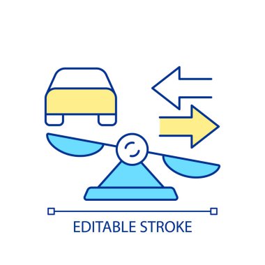 Ulaşım hizmetleri RGB renk simgesini karşılaştır. Maas ve özel araba alternatifleri. Işınlama kipini seç. İzole vektör çizimi. Basit bir çizgi çizimi. Düzenlenebilir felç. Kullanılan Arial yazı tipi