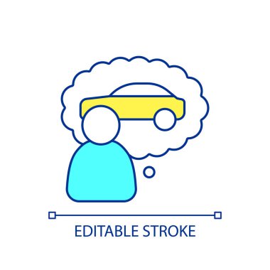 Müşteri taşımacılığının RGB renk simgesine ihtiyacı var. Yeni arabanın hayalini kuran kişi. Otomobil seçiyorum. İzole vektör çizimi. Basit bir çizgi çizimi. Düzenlenebilir felç. Kullanılan Arial yazı tipi