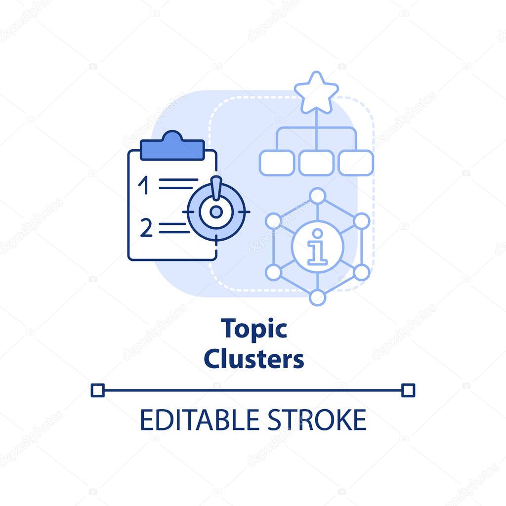 Topic clusters light blue concept icon. Website structure. Advanced SEO technique abstract idea thin line illustration. Isolated outline drawing. Editable stroke. Arial, Myriad Pro-Bold fonts used