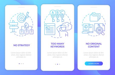 Arama motoru optimizasyon hatası mavi gradyan mobil uygulama ekranında. Doğrusal kavramlarla üç adımda grafik yönergeleri gözden geçir. UI, UX, GUI şablonu. Kullanılan sayısız Pro-Kalın, Düzenli yazı tipleri
