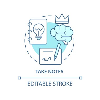 Not al turkuaz konsept simgesi. Bilgi kayıtları. Tekniği öğrenmek soyut fikir ince çizgi çizimi. İzole bir taslak çizim. Düzenlenebilir felç. Arial, Myriad Pro-Kalın yazı tipleri