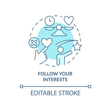 Turkuaz konsept simgesini takip edin. Seni neyin heyecanlandırdığını öğren. Soyut fikir ince çizgi çizimi öğreniyorum. İzole bir taslak çizim. Düzenlenebilir felç. Arial, Myriad Pro-Kalın yazı tipleri